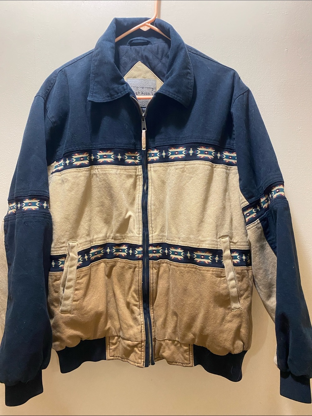 Men's Two-Tone Navy and Tan Pattern-Trim Bomber Jacket Outdoor Aztec Winter